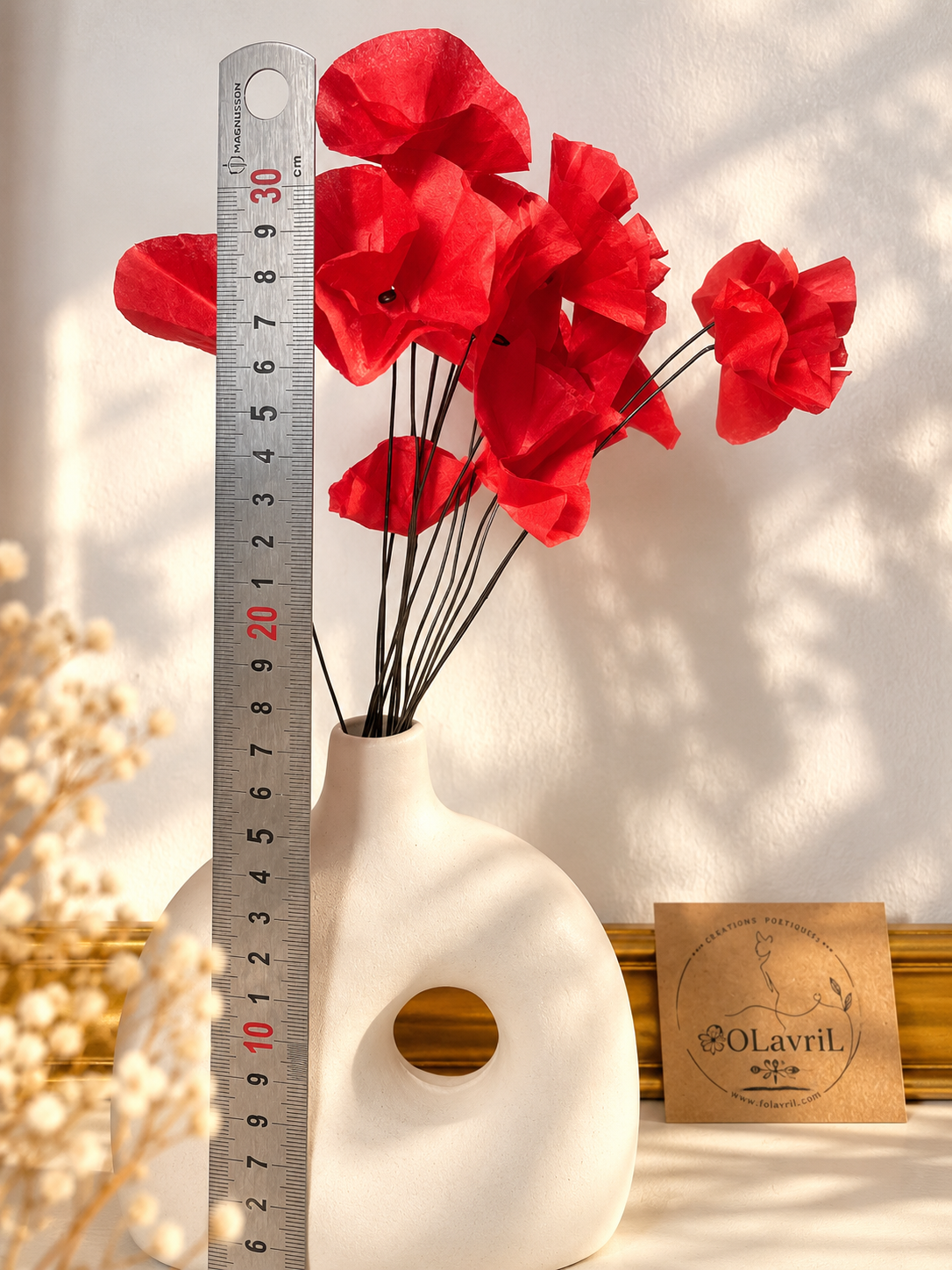 Bouquet de 15 coquelicots en papier de soie et vase en ceramique