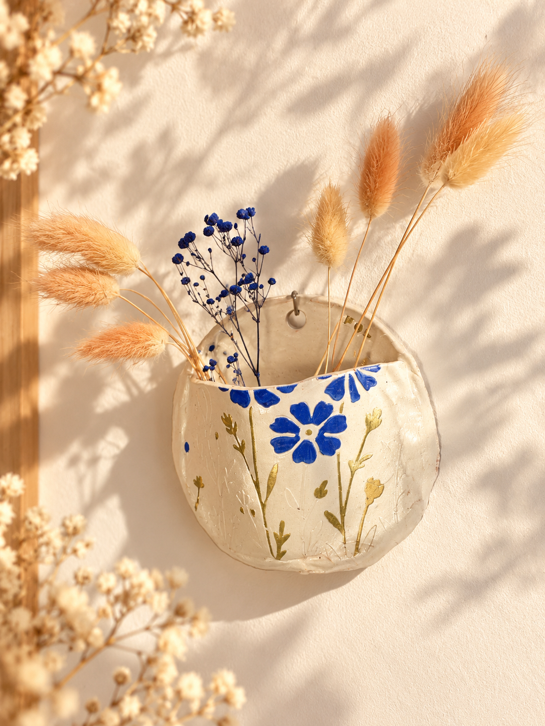 Vase mural rond en argile personnalisé pour fleurs séchées | Fait main
