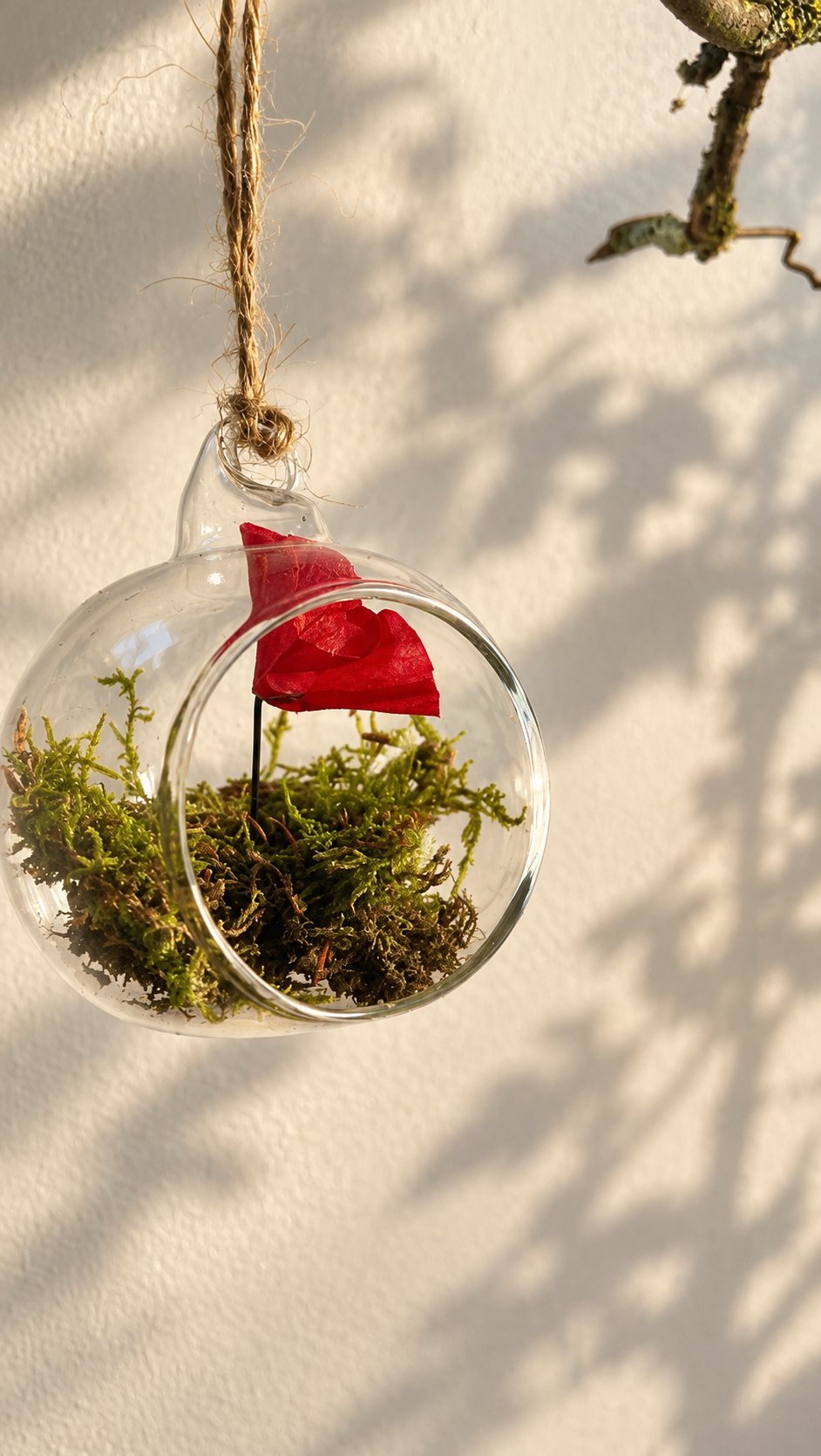 Boule de noël en verre, mousse et coquelicot — à accrocher au sapin
