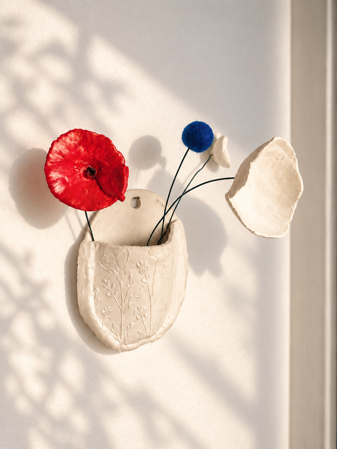 Coquelicot fOLavriL artisanal en argile sur tige en fil de fer recuit — décoration florale