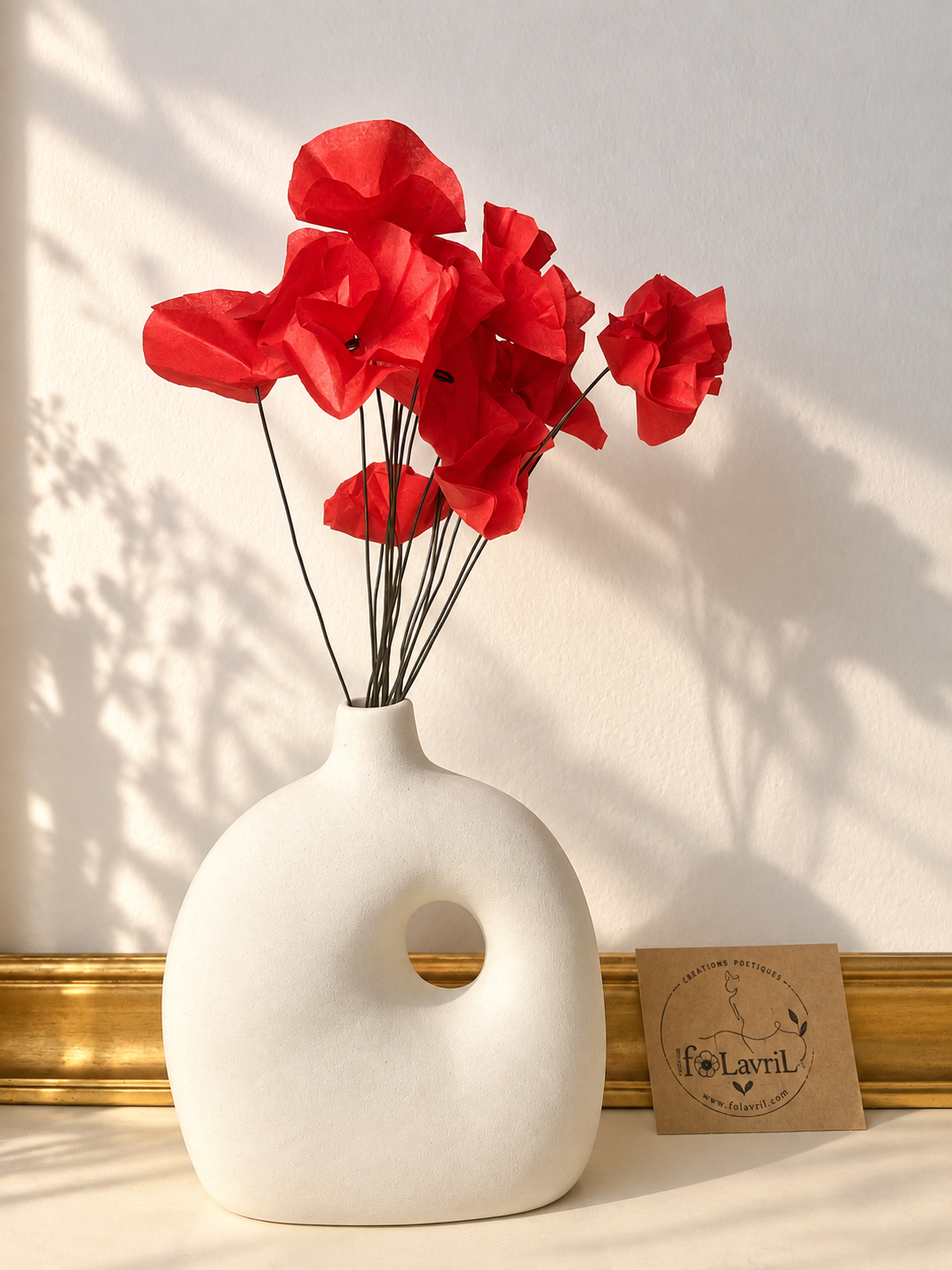 Bouquet de 15 coquelicots en papier de soie et vase en ceramique